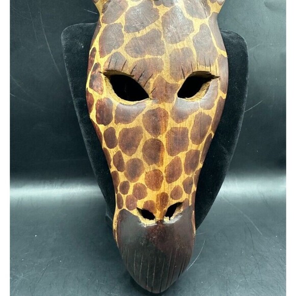 Vintage Giraffe Mask Hand Carved Wood Painted African Wall Decor Art Brown - Picture 2 of 16
